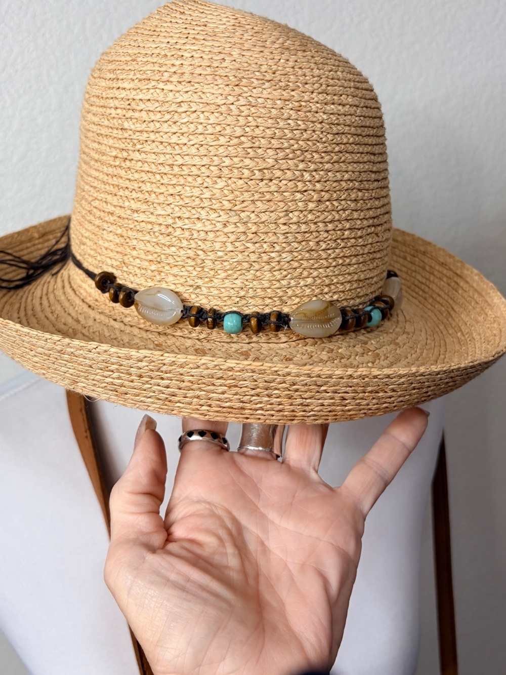 Banash Natural Straw Sun Hat with Beaded Trim Summer Beach Travel